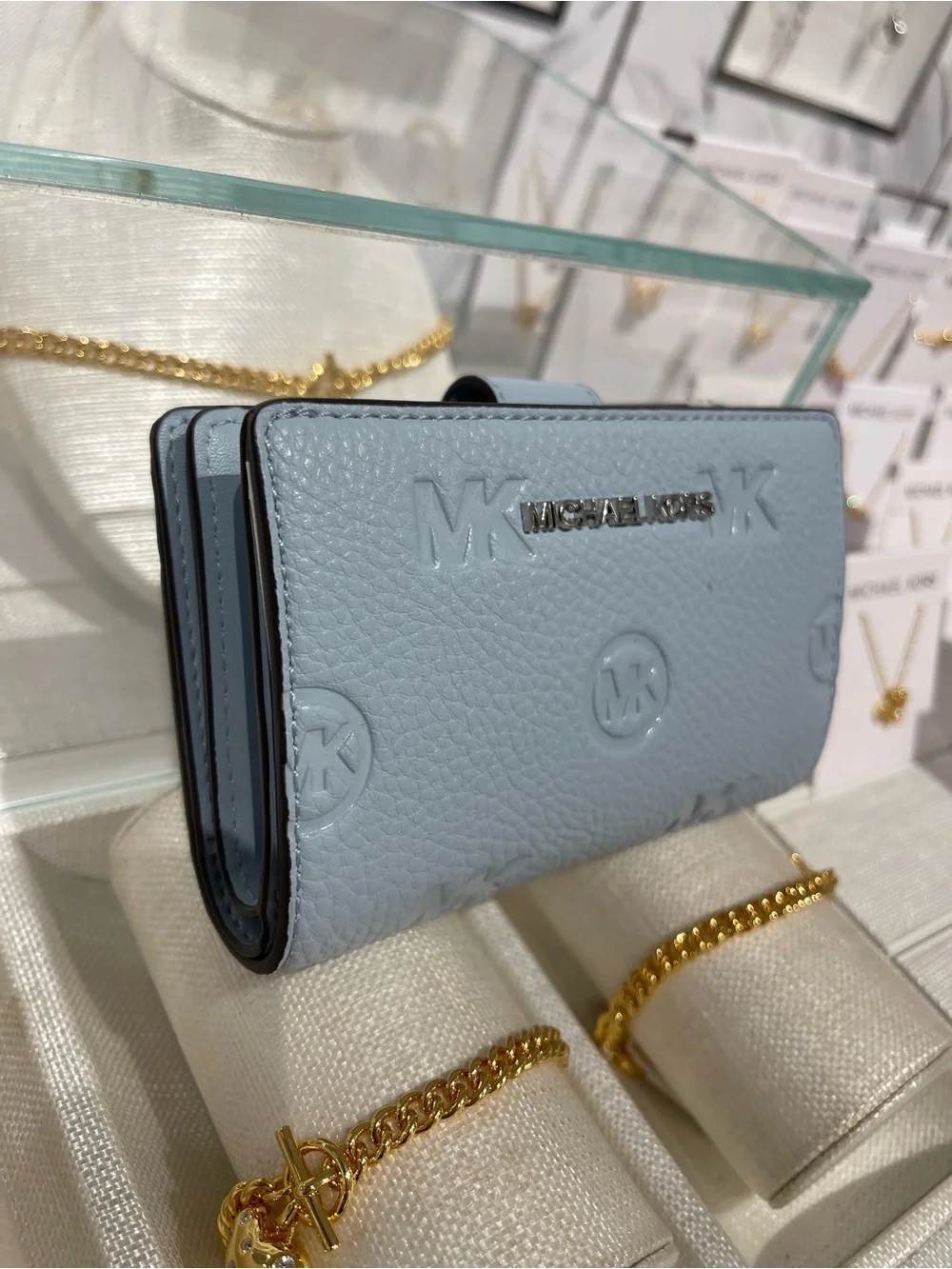 Michael Kors Jet Set Travel Med MK Logo Debossed Bifold Wallet Pale Ocean  NWT